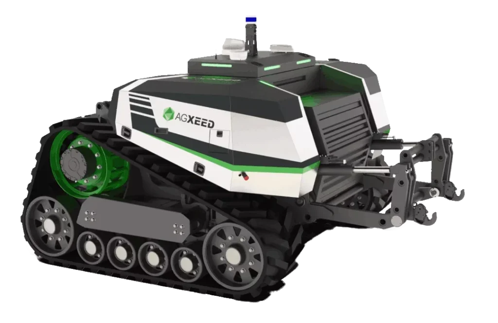A képen egy robot traktor található zöld-fehér fekete színben.